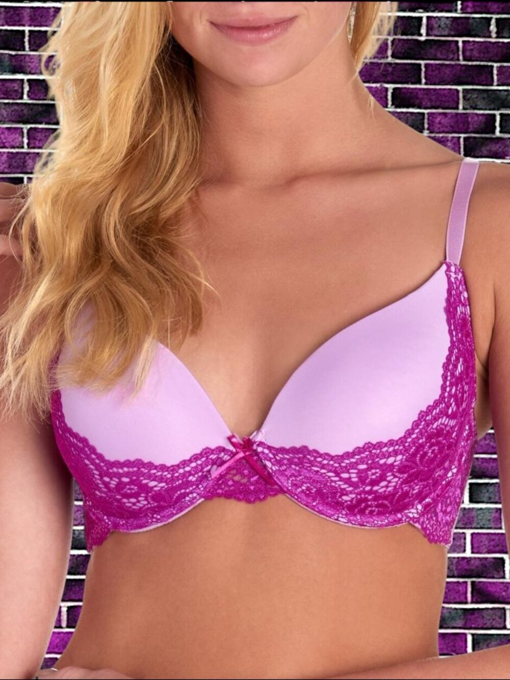 NWT Isaac Mizrahi Push Up Bra 34C Perfect Coverage Purple UW Lace Bow IM14592